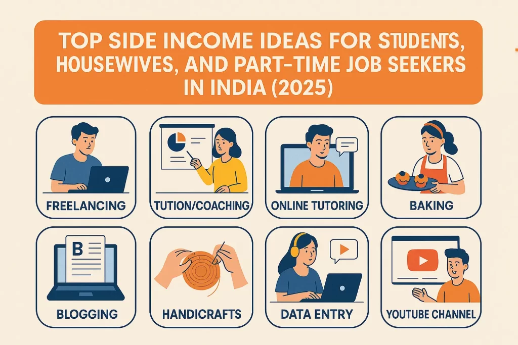 side income, part time jobs, work from home, online income India, passive income, students jobs, housewives income, earn from home, 2025 income ideas